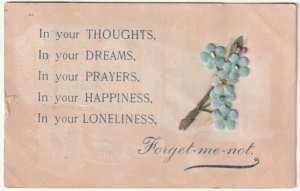 Felt Forget Me Not Sprig Applique, Novelty, Antique 1914 Greetings Postcard