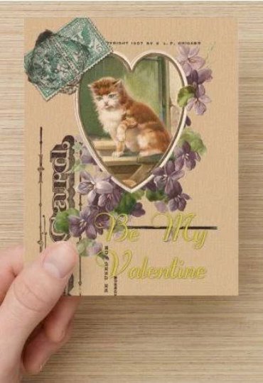 Hand-designed Postcard Set, Kitten in Heart with Lavender Purple Violets