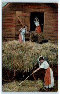 HAYING in ROCK HALL, MD ~ 1909 LADIES With RAKES, BARN Greeting Postcard