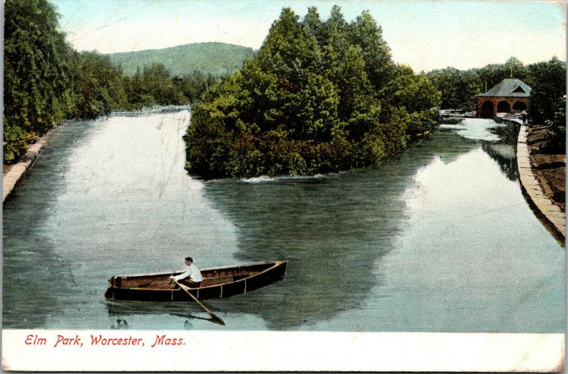 Vtg 1900s Elm Park Man In Rowboat Worcester Massachusetts MA Postcard