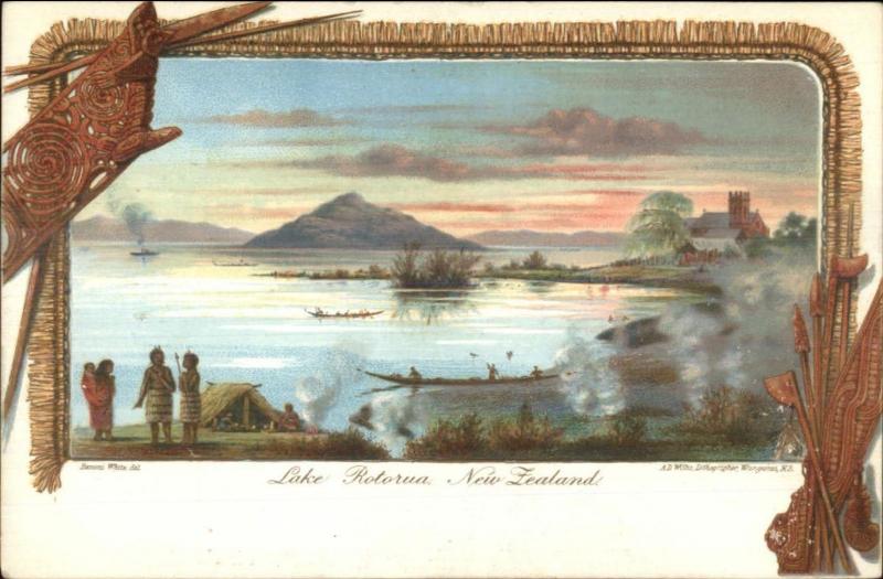 Lake Rotorua New Zealand c1900 Postcard Decorative Border & Backside