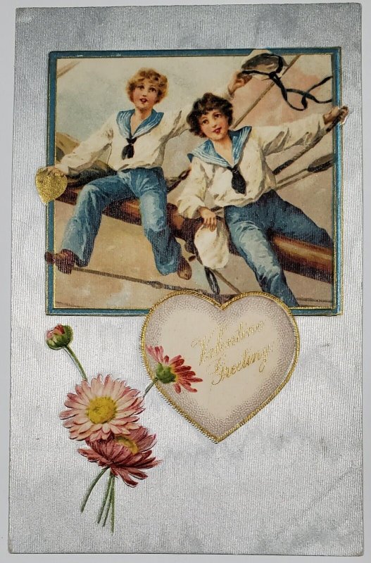 Valentine Greeting Darling Sailor Boys on Ship with Hearts Daisies Postcard C29