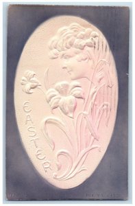 1909 Easter Egg Girl Lilits Flowers Airbrushed Embossed Posted Antique Postcard