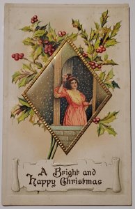 Christmas Greetings Pretty Woman Raising a Glass To Toast Postcard M22