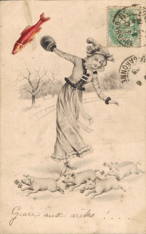 Jugendstil Girl With Piglets Pigs Vintage Postcard 06.32