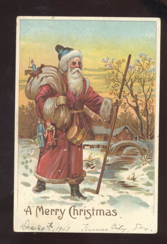 FULL FIGURE SANTA CLAUS BROWN ROBE VINTAGE CHRISTMAS POSTCARD CUERO TEXAS