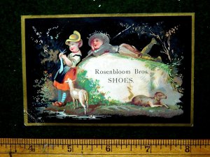 1870s-80s Lovely Black Background Rosenbloom Bros Shoes Sheep Trade Card F32