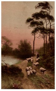 Shepherd walking Flock of Sheep  artist signed