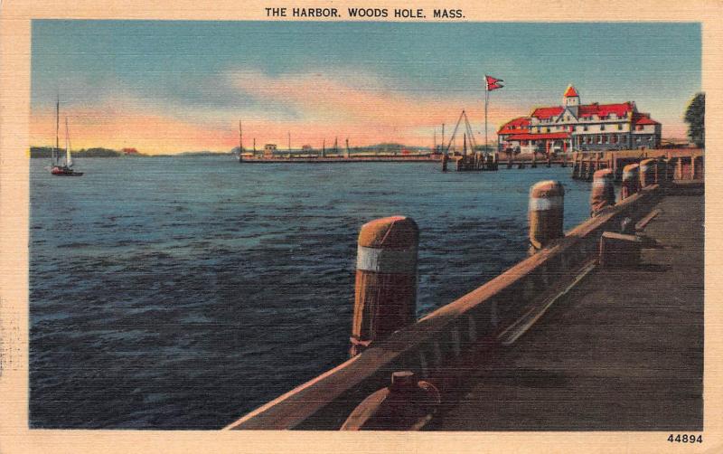 The Harbor, Woods Hole, Massachusetts, Early Linen Postcard, Used in 1949
