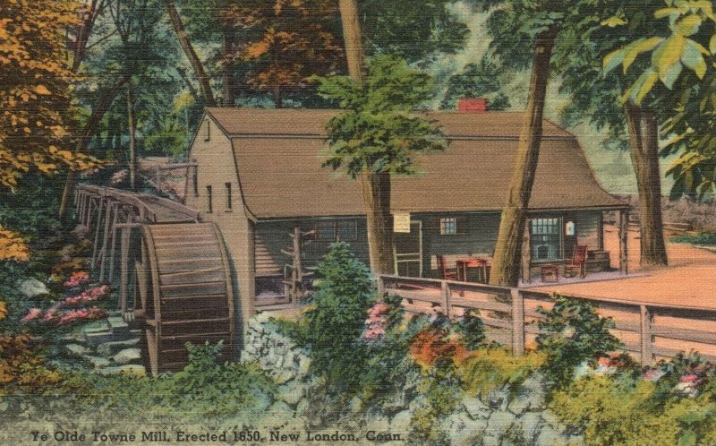 Vintage Postcard 1950's Ye Olde Towne Mill Water Wheel New London CT Connecticut
