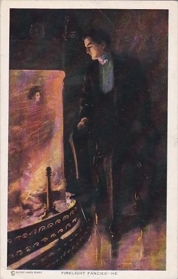 Firelight Fancies He Man Looking At Woman's Image In Fireplace 1911