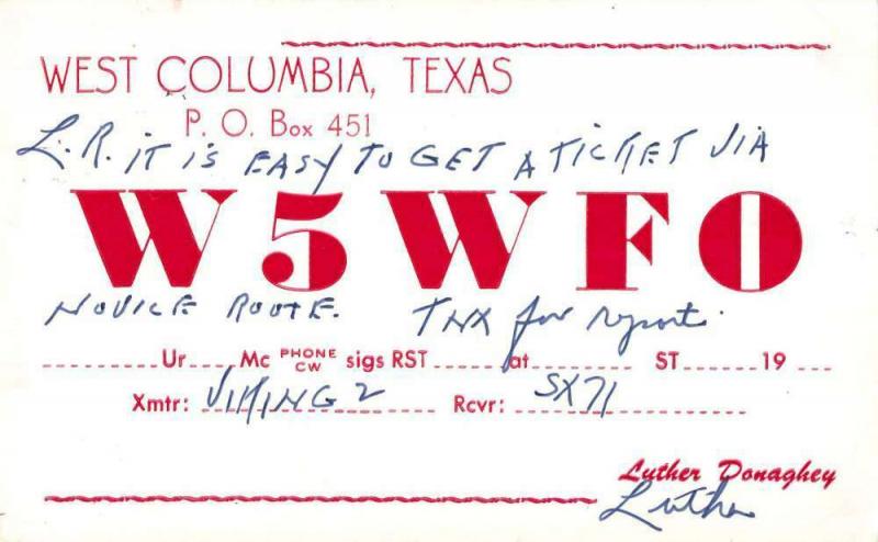 West Columbia Texas radio ID card W5WFO novice radio vintage pc Z16360