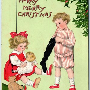 c1900s Raphael Tuck Christmas Children Series Xmas Present Doll / Coal Sock A218