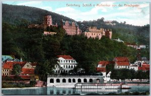 VINTAGE POSTCARD THE CASTLE BREWERY AND RIVER SCENE AT HEIDELBERG GERMANY