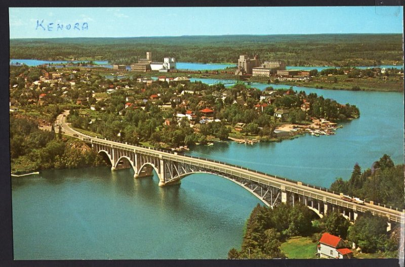 ON Aerial KENORA and KEEWATIN BRIDGE Hwy 17 Lake-of-the-Woods Chrome 1950s-1970s