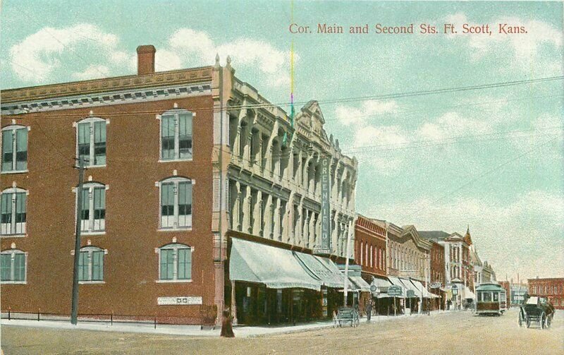 C-1910 Main 2nd Streets Fort Scott Kansas Trolley International Postcard 20-5381