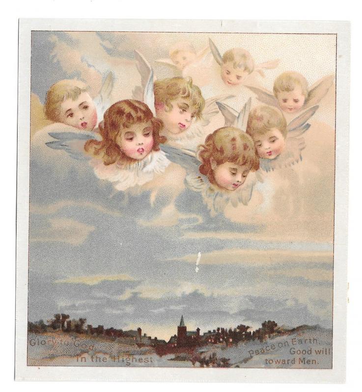 Vintage Chromo Card Lithograph Cherubs Angels Overlooking Countryside Church