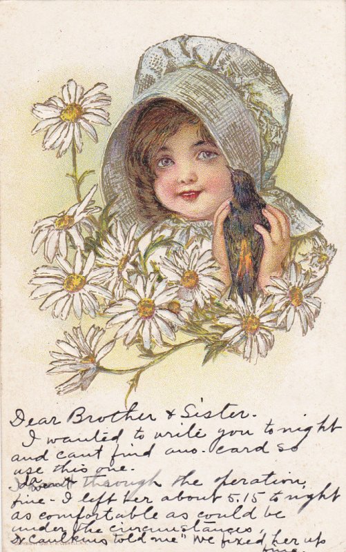 Little Girl wearing bonnet holding raven bird, Daisies, PU-1913