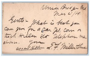 1888 Corn Order Hillen Union Bridge Baltimore Maryland MD Postal Card 