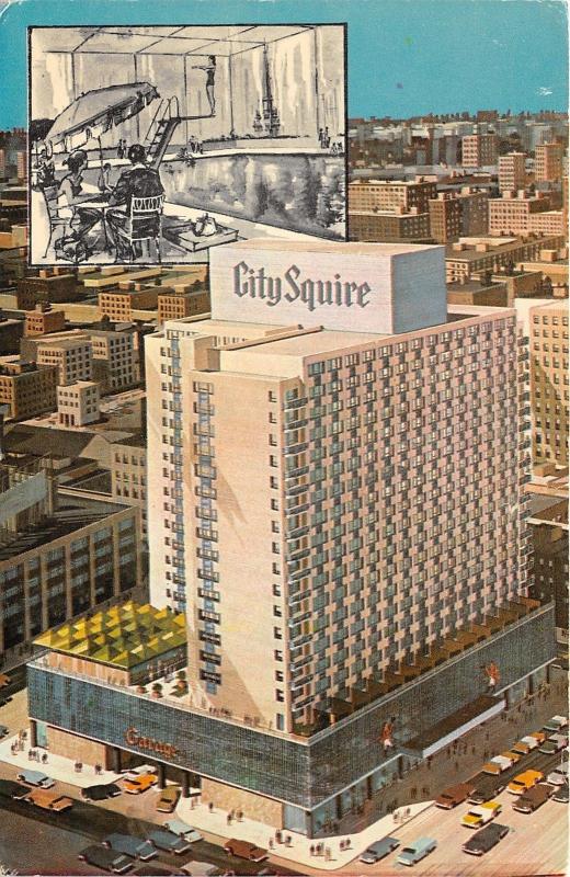 New York City~City Squire Motor Inn~Swimming Pool Scene~Garage~1950s Postcard