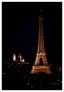 Postcard  France Paris Eiffel Tower at night with Sacred Heart Basilica