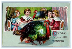 c1910's Thanksgiving Greetings Family Dinner With Turkeys Embossed Postcard 