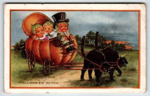 Halloween Postcard Green Haired Pixies Children Black Cats Cart Whitney Fantasy