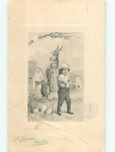 Pre-Linen Easter BUNNY RABBIT SMOKES CIGARETTE WHILE ON BACKPACK AB3636