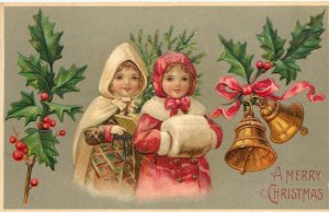 Embossed Christmas Postcard Pretty Little Girls in Winter Clothes BW 296 Bells