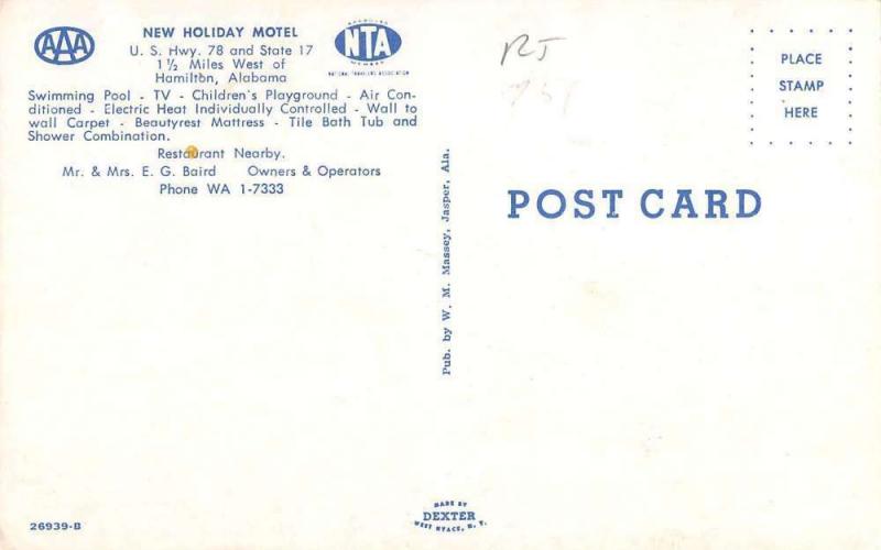 Hamilton Alabama New Holiday Motel Street View Vintage Postcard K40196