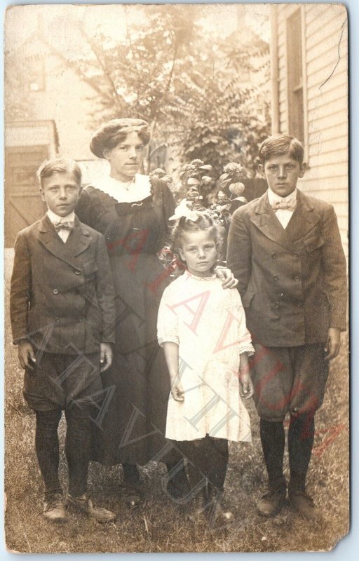 c1910s Lovely Young Lady & Children RPPC Handsome Boys Real Photo Dudley A159