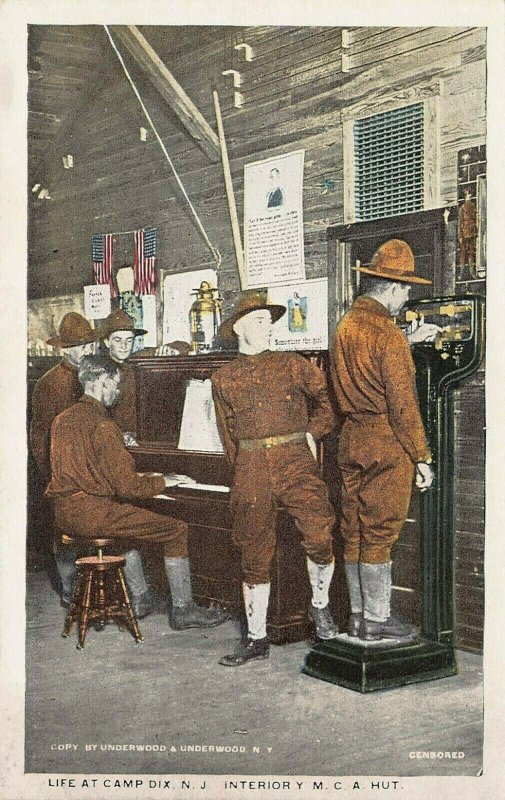 U.S. Army, Interior of a Y.M.C.A. Hut, Camp Dix, N.J., World War I Era Postcard