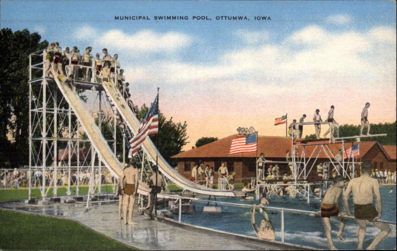 Ottumwa Iowa IA Municipal Swimming Pool Water Slide Vintage Postcard