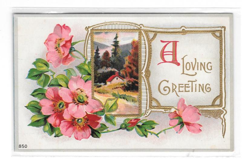 A Loving Greeting Cottage Scene Gilt Frame Wild Roses Vintage Embossed Postcard