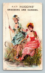 Eat Huggins' Crackers And Candies Beautiful Women Fishing Victorian Trade Card