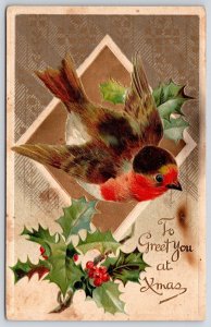 To Greet You At Christmas Bird In Holy Leaf Cherry Wishes And Greetings Postcard