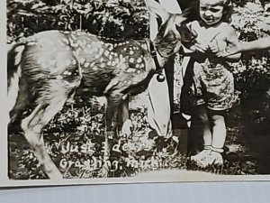 Vintage Postcard Just 3 Dears Grayling Michigan RPPC children with fawn deer 652