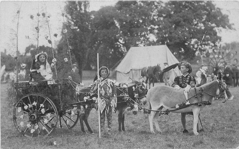 c1910 Stratford On Avon UK Parade Cart Buggy Girls Donkey Floral Decor RPPC 