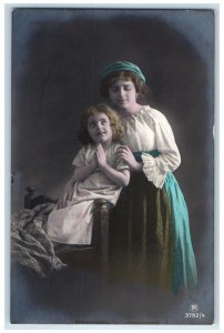 c1910's Mother And Daughter Bedtime Praying Tinted RPPC Photo Posted Postcard