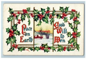 1909 Christmas Snow Barn Holly Peace On Earth Good Will To Men Embossed Postcard