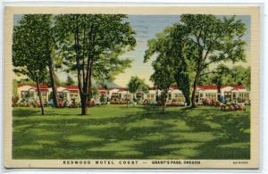 Redwood Motel Grant's Pass Oregon 1941 linen postcard