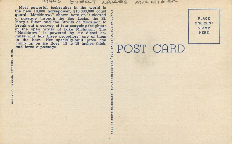 Postcard Michigan Ice Crusher Mackinaw Graham Teich 22-13778