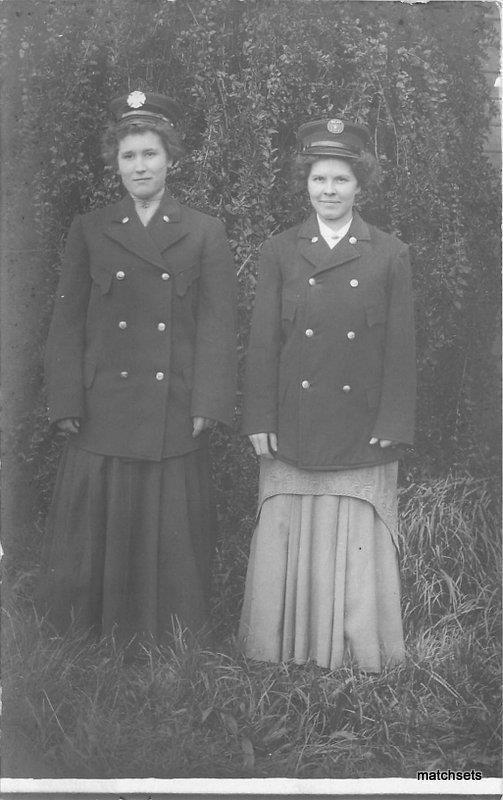 C-1910 Two women in Uniform cap double Axe emblem RPPC real photo postcard 6555 