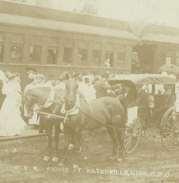 Waterville MINNESOTA RPPC c1910 TRAIN W.O.W. PICNIC Woodmen nr Waseca Faribault 