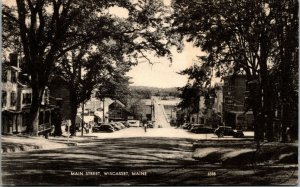 Vtg Wiscasset Maine ME Main Street Old Cars Shops Signs Bridge 1950s Postcard