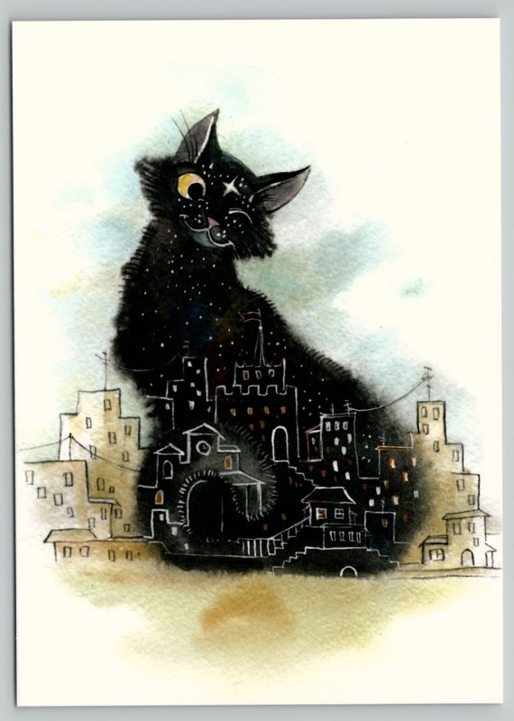 UNUSUAL BLACK CAT Night in City Fantasy Moon Stars Russian Unposted Postcard