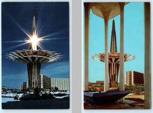 2 Postcards ORAL ROBERTS UNIVERSITY, Tulsa OK ~ Night/Day PRAYER TOWER c1960s