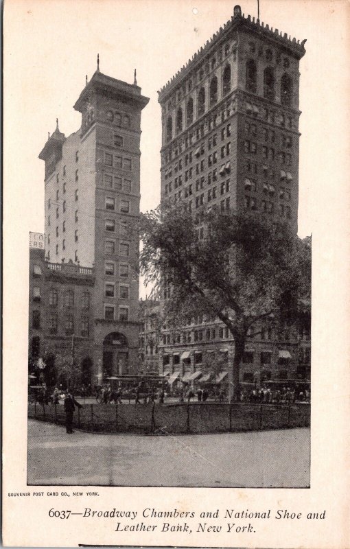 VINTAGE POSTCARD BROADWAY CHAMBERS & NATIONAL SHOE AND LEATHER BANK NYC c. 1900