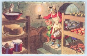 Mainzer Dressed CATS SPOOKY ROOT CELLAR ~ Anthropomorphic #4852 Belgium Postcard