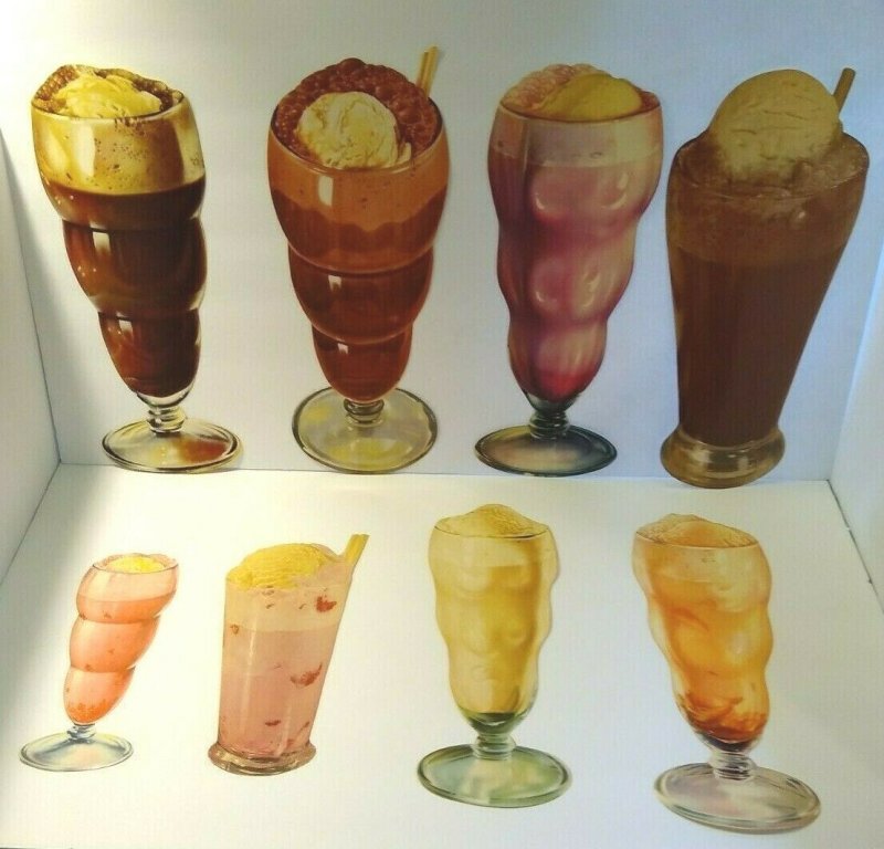 Ice Cream Soda Floats Milkshake Vintage Diecut Paper Signs 1950s Diners Lot Of 8
